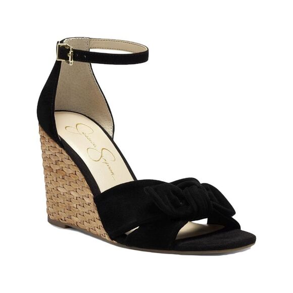 NWT JESSICA SIMPSON Womens Black Wedge Delirah Wedge Leather Sandals Shoes 5 M - Picture 1 of 5